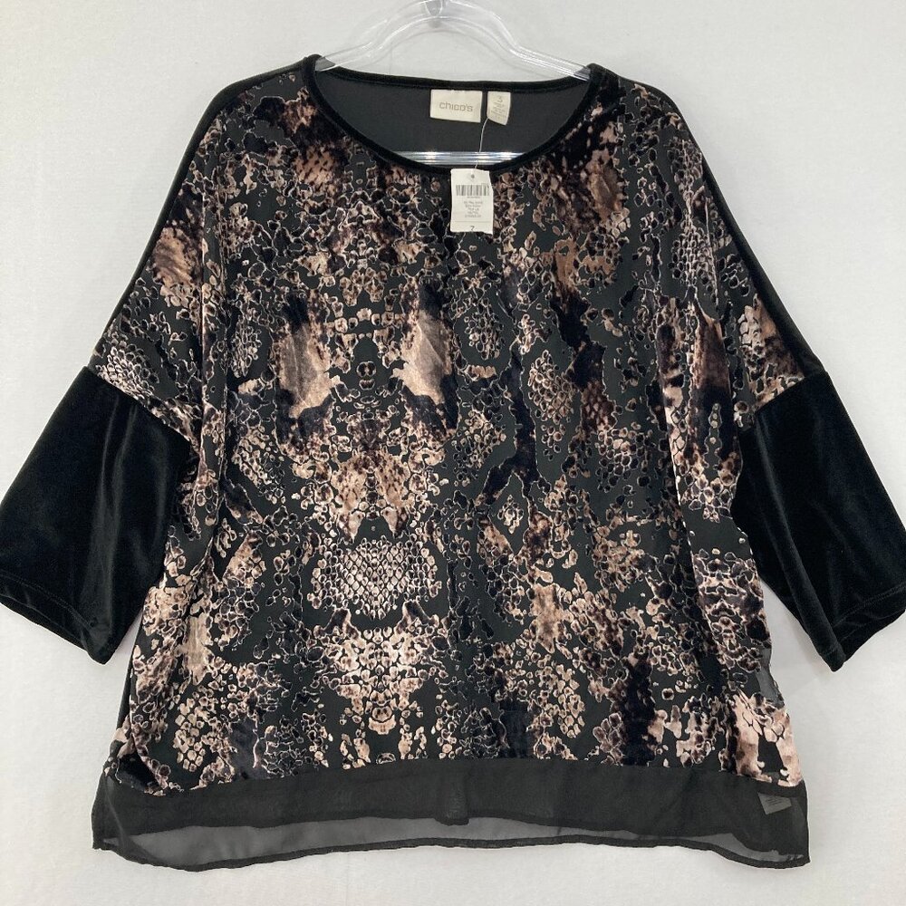 New Chico's Top size XL/3 Black Snake Print Velvet Burnt-out Boxy Stretch Comfy